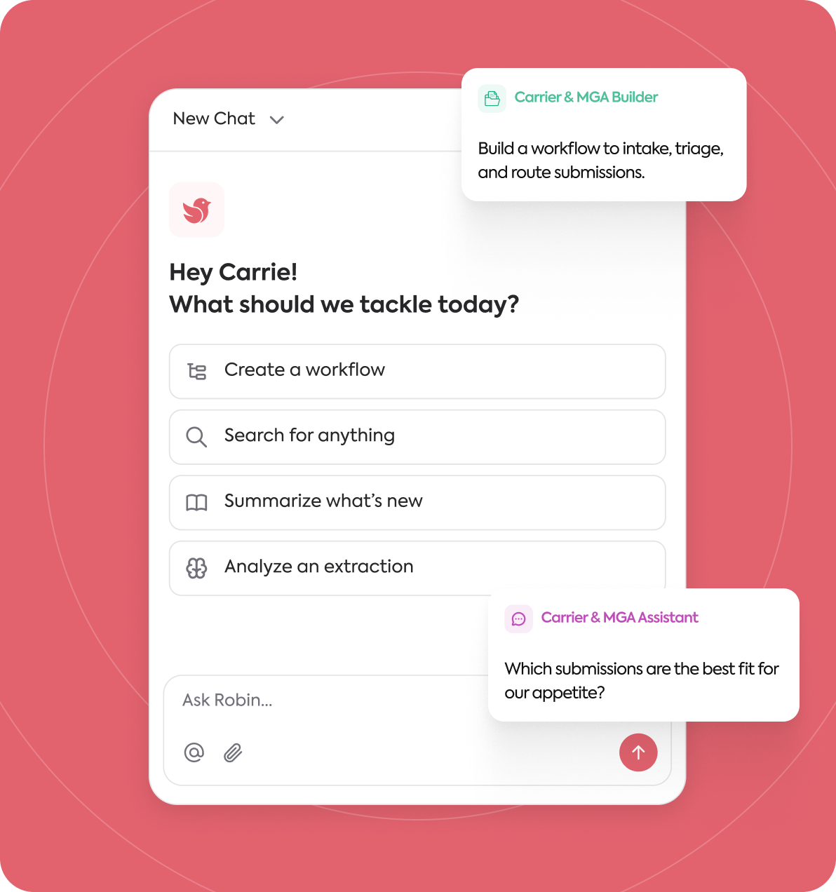 Robin chat interface showing suggested actions for an insurance carrier: create a workflow, search, summarize, or analyze an extraction.