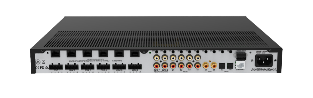 A rear view of the CasaTunes 8X8 Matrix Amplifier connectors