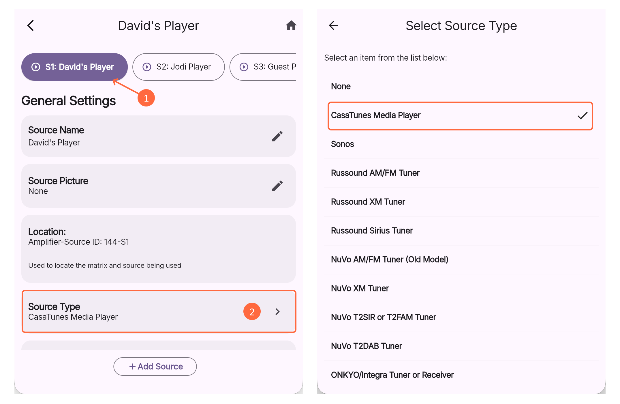 Location field identifies which amplifier and which source index the CasaTunes source is associated with