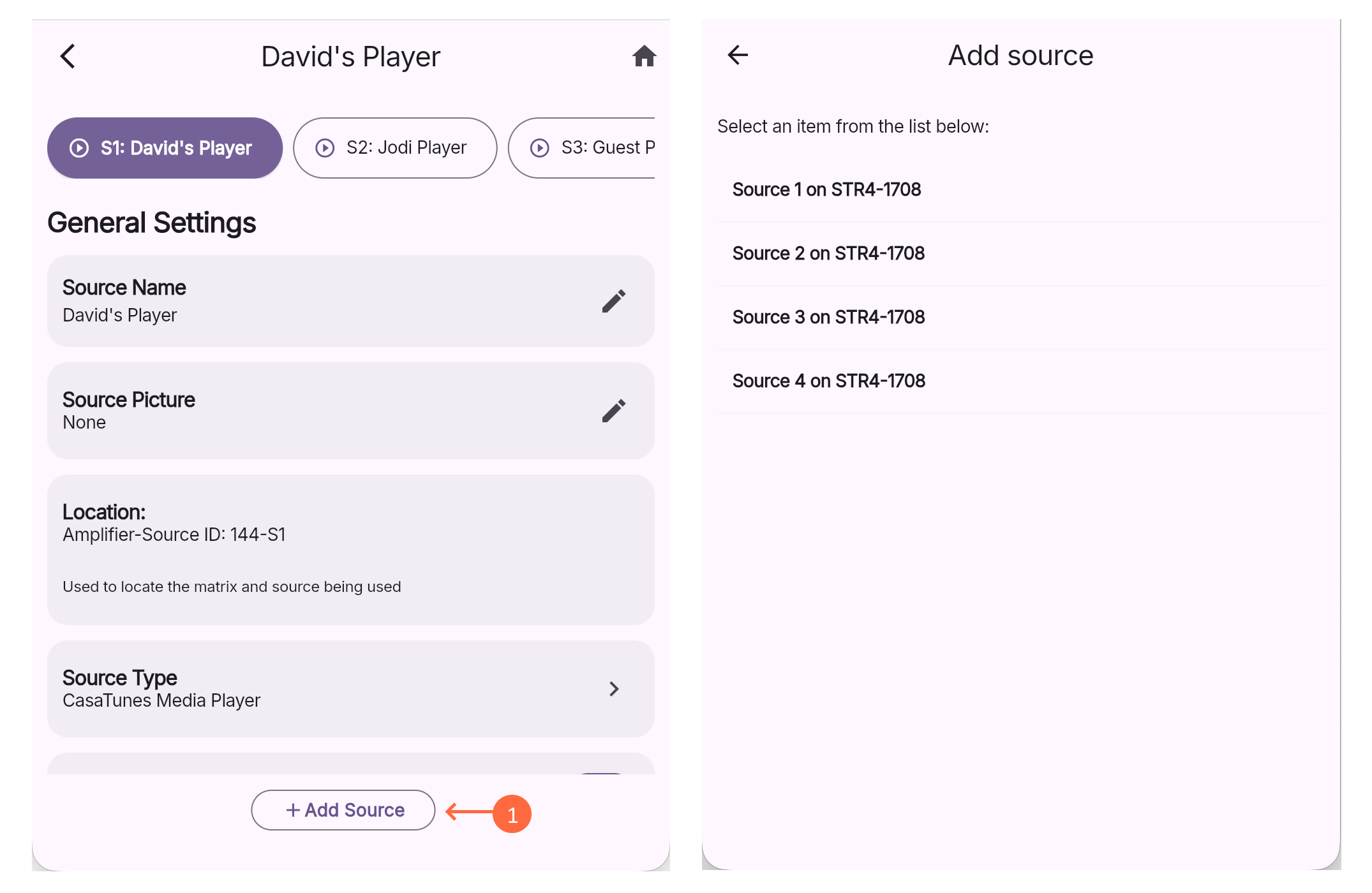 Location field identifies which amplifier and which source index the CasaTunes source is associated with