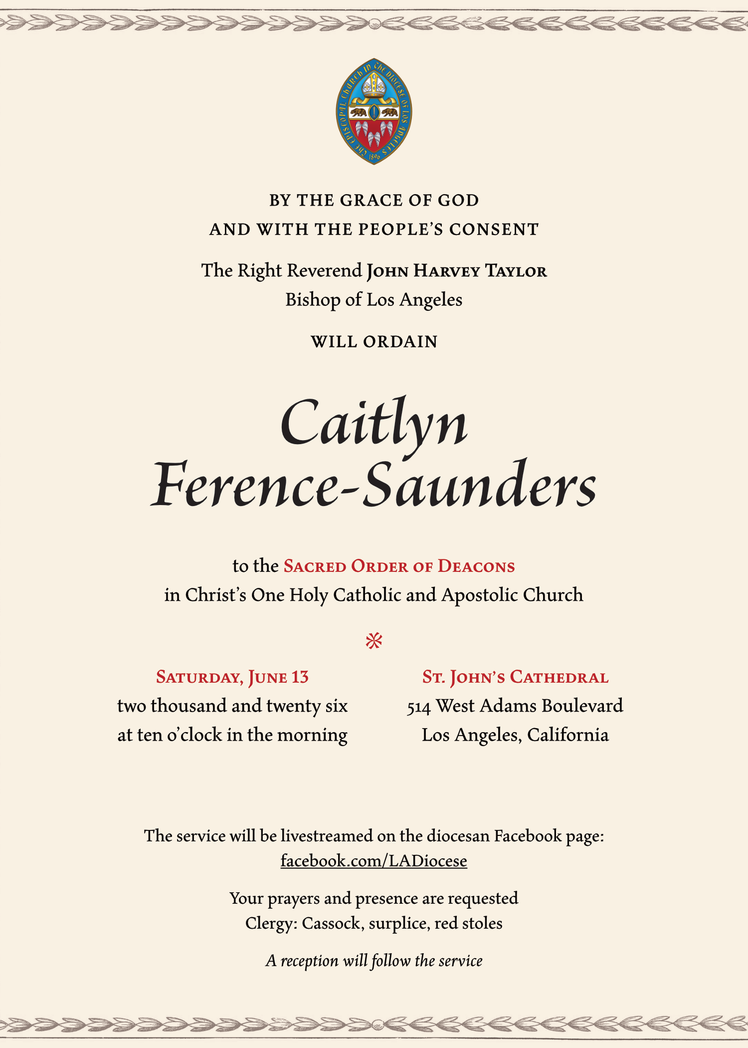 Ordination of Caitlyn Ference-Saunders to Transitional Diaconate.