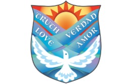Bishop's seal of a dove with open wings pointed to a rising sun, with the words truth (verdad) and love (amor).
