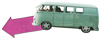 a pink arrow pointing left with a teal old Volkswagon van