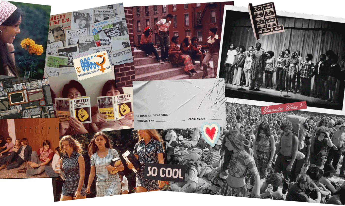 a photo collage of pictures from the 1970s, including people marching at a women's rights rally, student track athletes, a group of young men on their bikes, a man performing at a concert, and a ticket stub from a greyhound bus