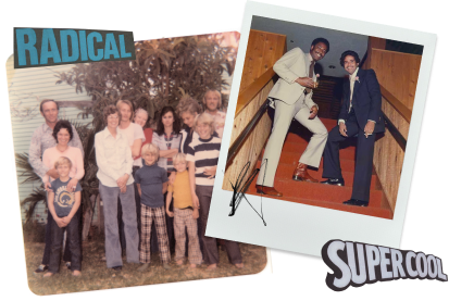 two photos collaged together. the left one is a family posing together, the right one is two men dressed for a special occasion. both are from the 1970s and hace faded colors. the photos are flanked by the words "radical" and "supercool"