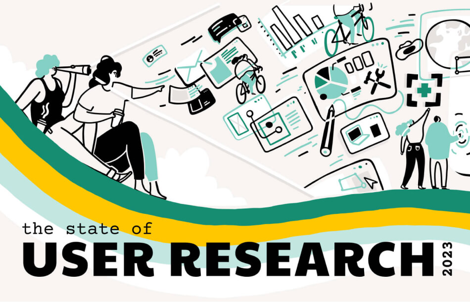 State of User Research 2023 open graph image - an illustration of two people looking out at a cluster of research-related objects, such as graphs, tools, people working, and illustrative shapes