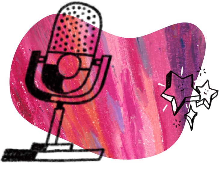 illustration of a podcasting microphone against a pink textured blob