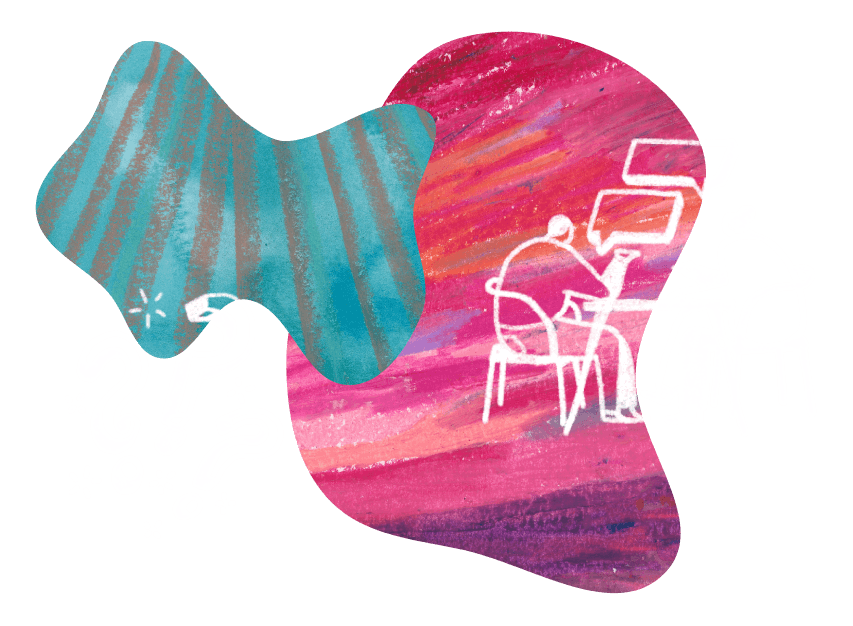 an illustration collage of two colorful abstract blobs, a series of question marks, and two figures at a table with speech bubbles