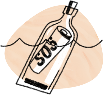 an illustration of a floating clear bottle with a rolled up piece of paper reading "SOS"