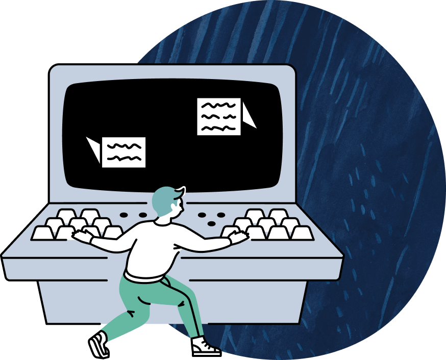 illustration of a person typing on an oversized, retro computer