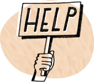 illustration of a hand holding up a sign that reads "HELP"