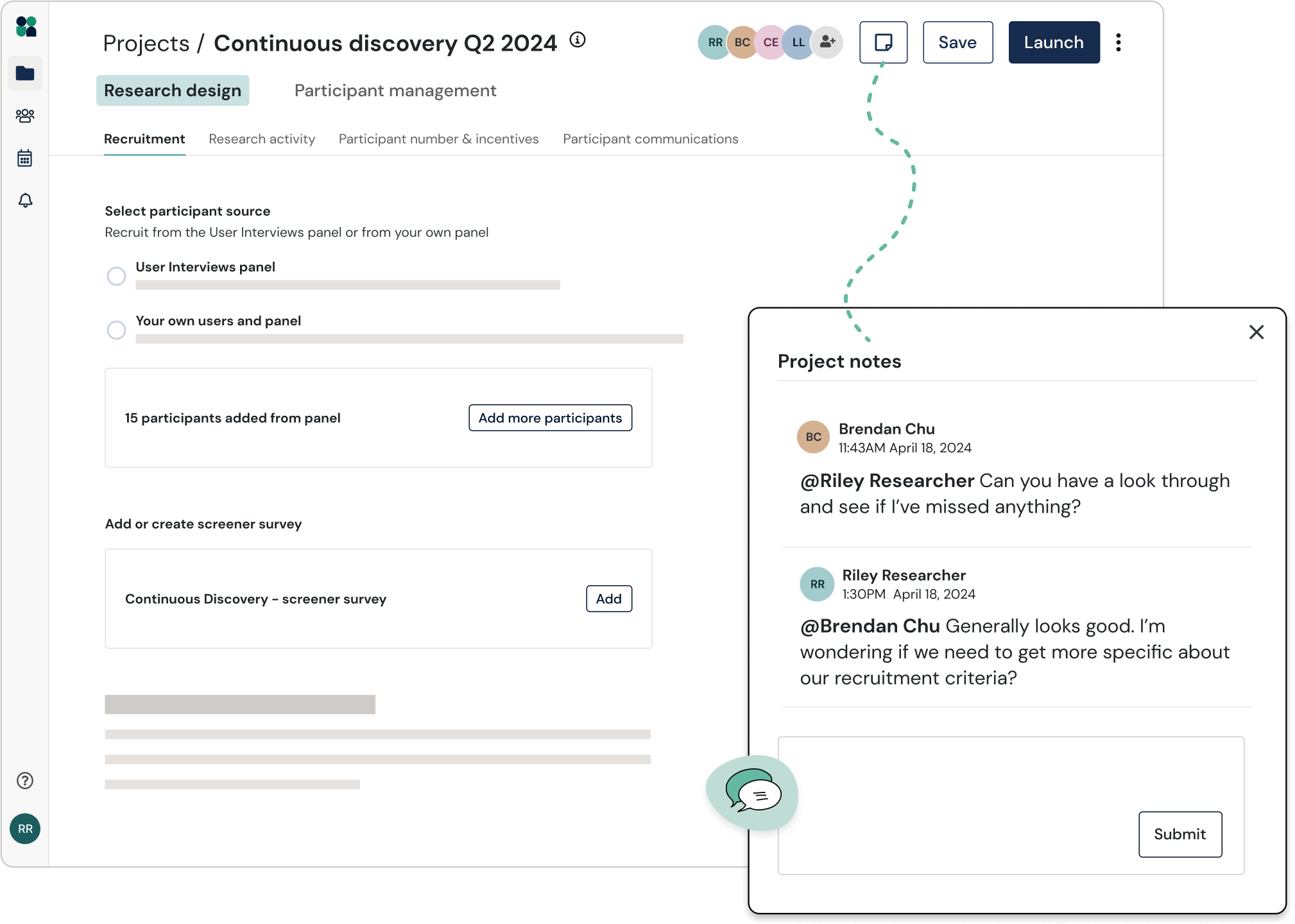 product screenshot of the new User Interviews project workspace, highlighting the recruitment dashboard and user commenting 