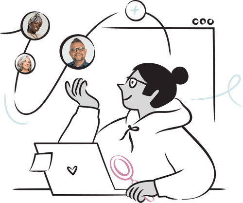 an illustrated user researcher looking through participant profiles