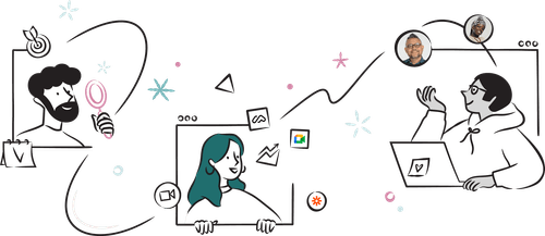 an illustrated group of researchers working their way through various stages of the user research process