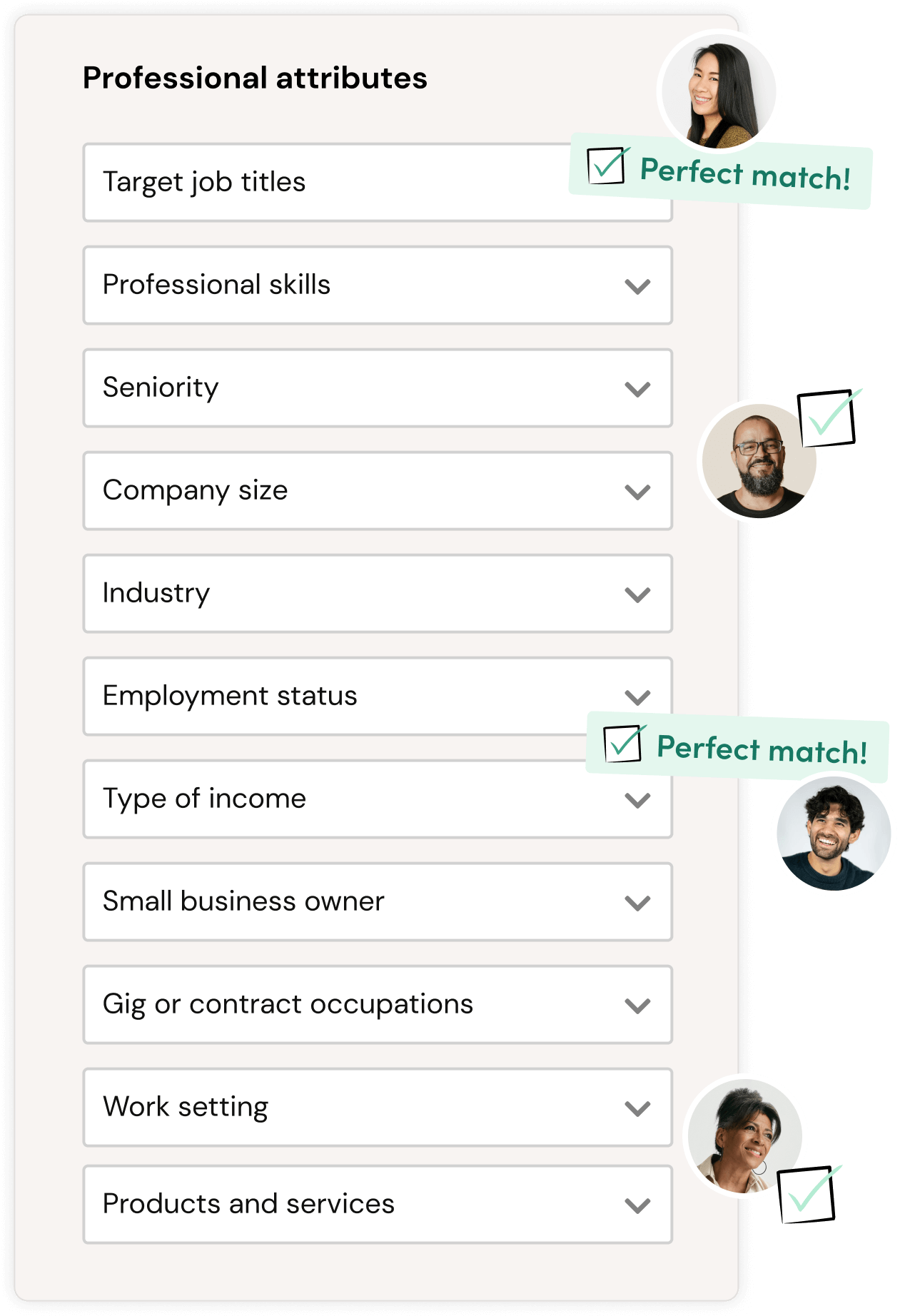 product shot showting a sampling of the professional user attributes you can target within Recruit