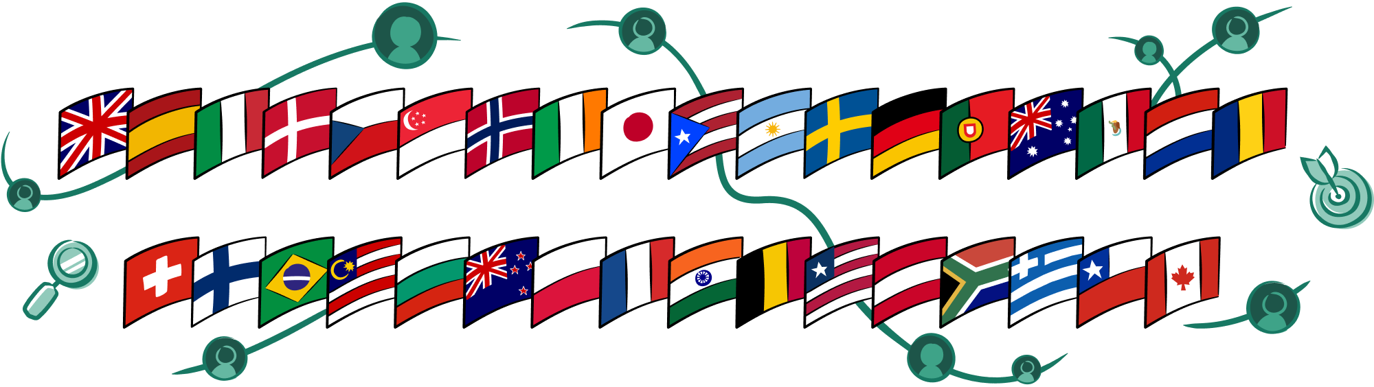 a collection of the flags of the 34 counrties UI recruits from