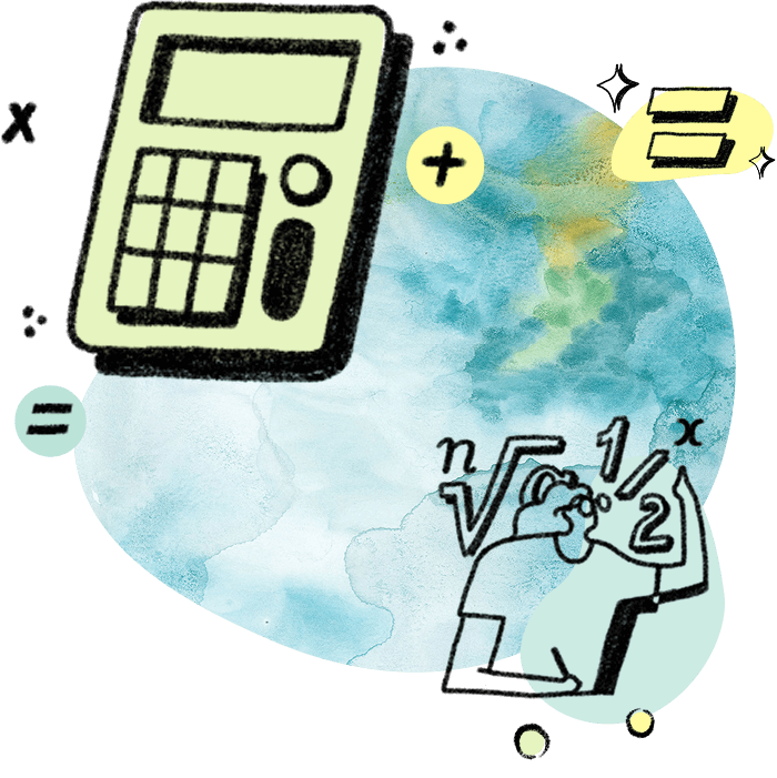 illustration collection of a multicolored calculator and person solving an equation