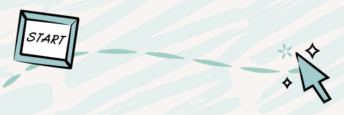 A stylized image featuring a START button on the left and a sparkling arrow cursor on the right, connected by a dashed line, set against a light, abstract background.