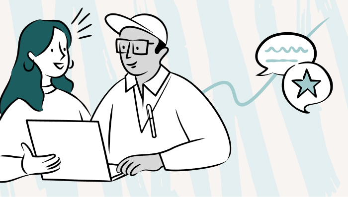 Illustration of two people talking while looking at a laptop; one speaks with enthusiasm, while the other listens and types. Speech bubbles show scribbles and a star, indicating conversation and ideas.