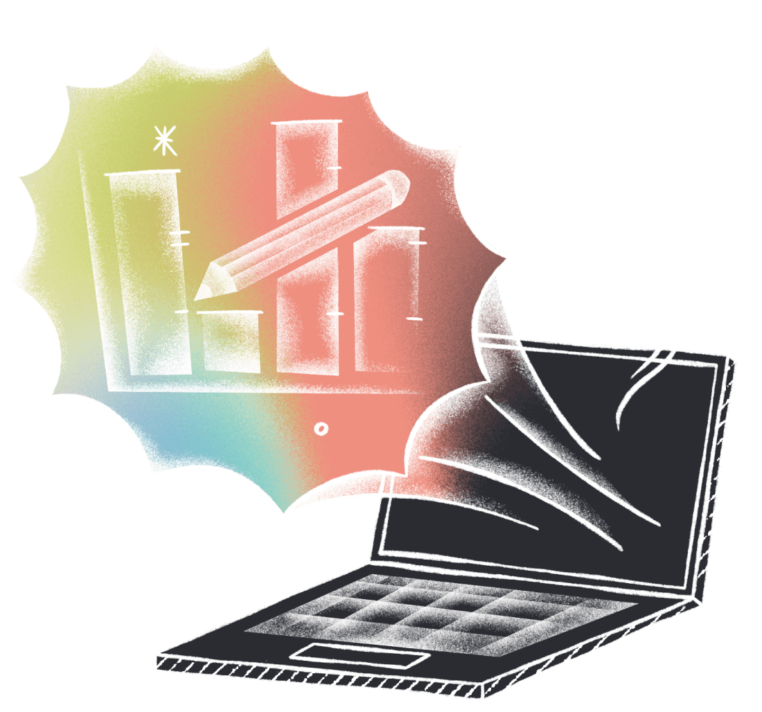 a sketch of a laptop with a rainbow colored shape containing illustrated graphs 