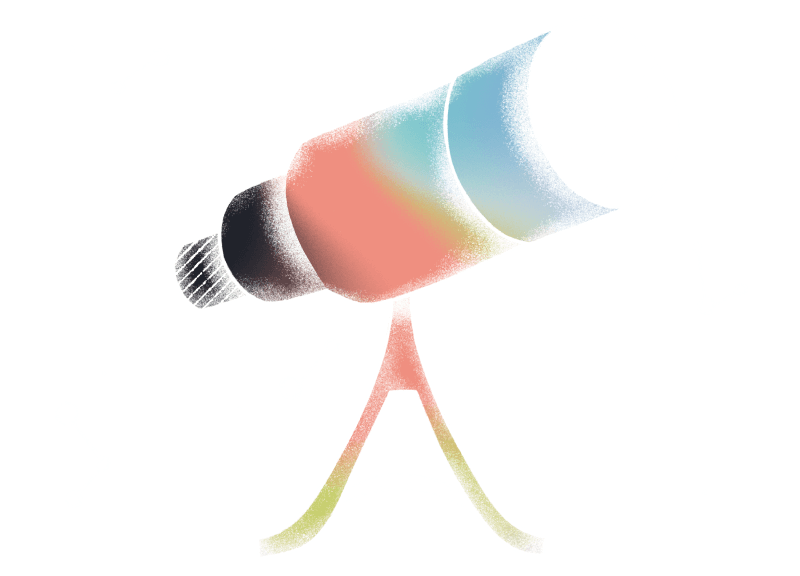 multicolored telescope surrounded by stars and constellations