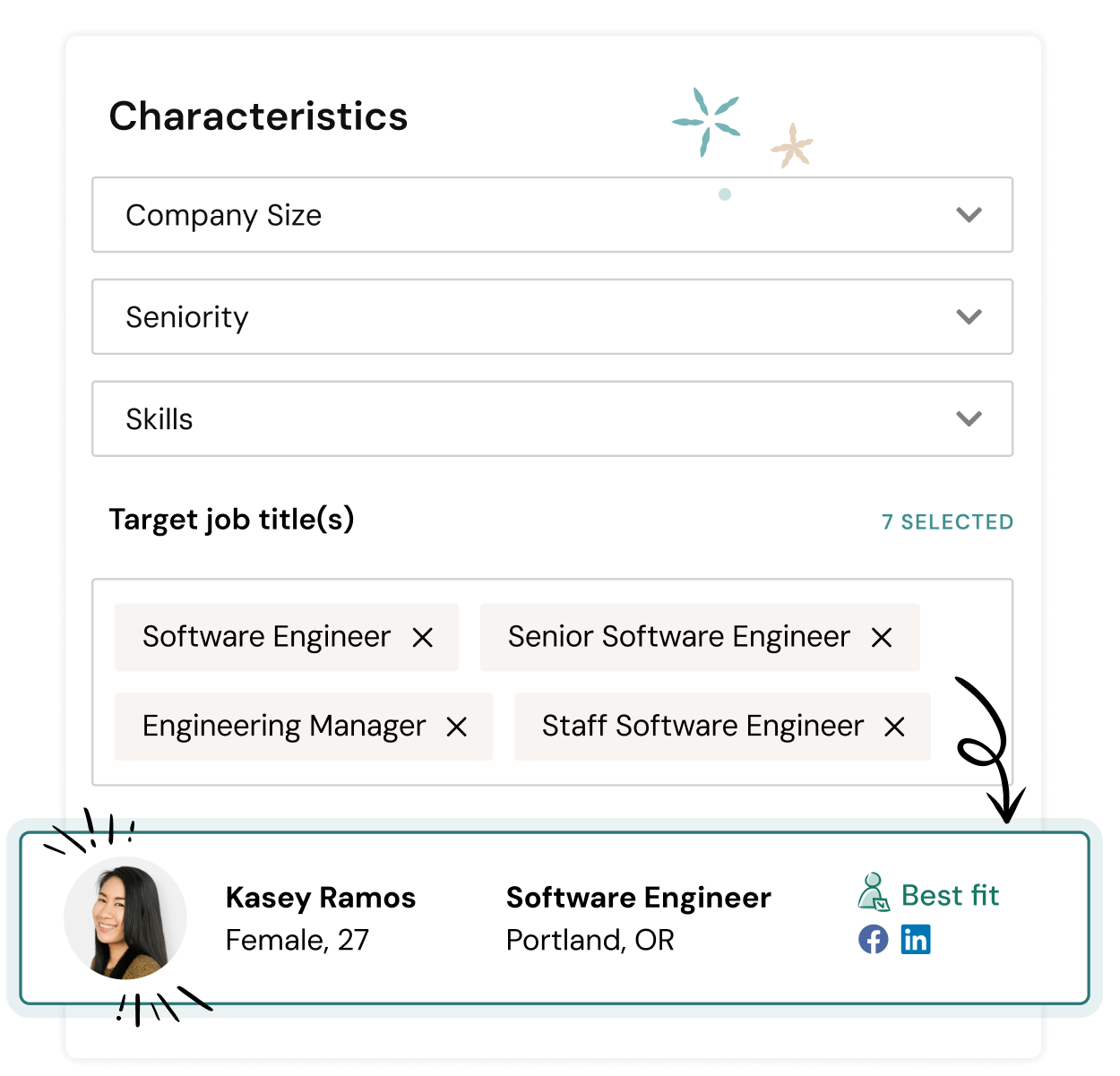 UI Recruit interface showing selected roles: Software Engineer, Senior Software Engineer, Engineering Manager, and Staff Software Engineer. Below, a highlighted profile card displays Kasey Ramos, Software Engineer, Portland, OR.