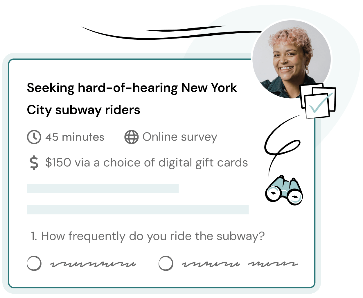 An illustrative depiction of Research Hub. A spreadsheet style panel of participant information sits left of a wheel-like circle showcasing icons for Zoom, Lookback, Google Meet, API, and SurveyMonkey.