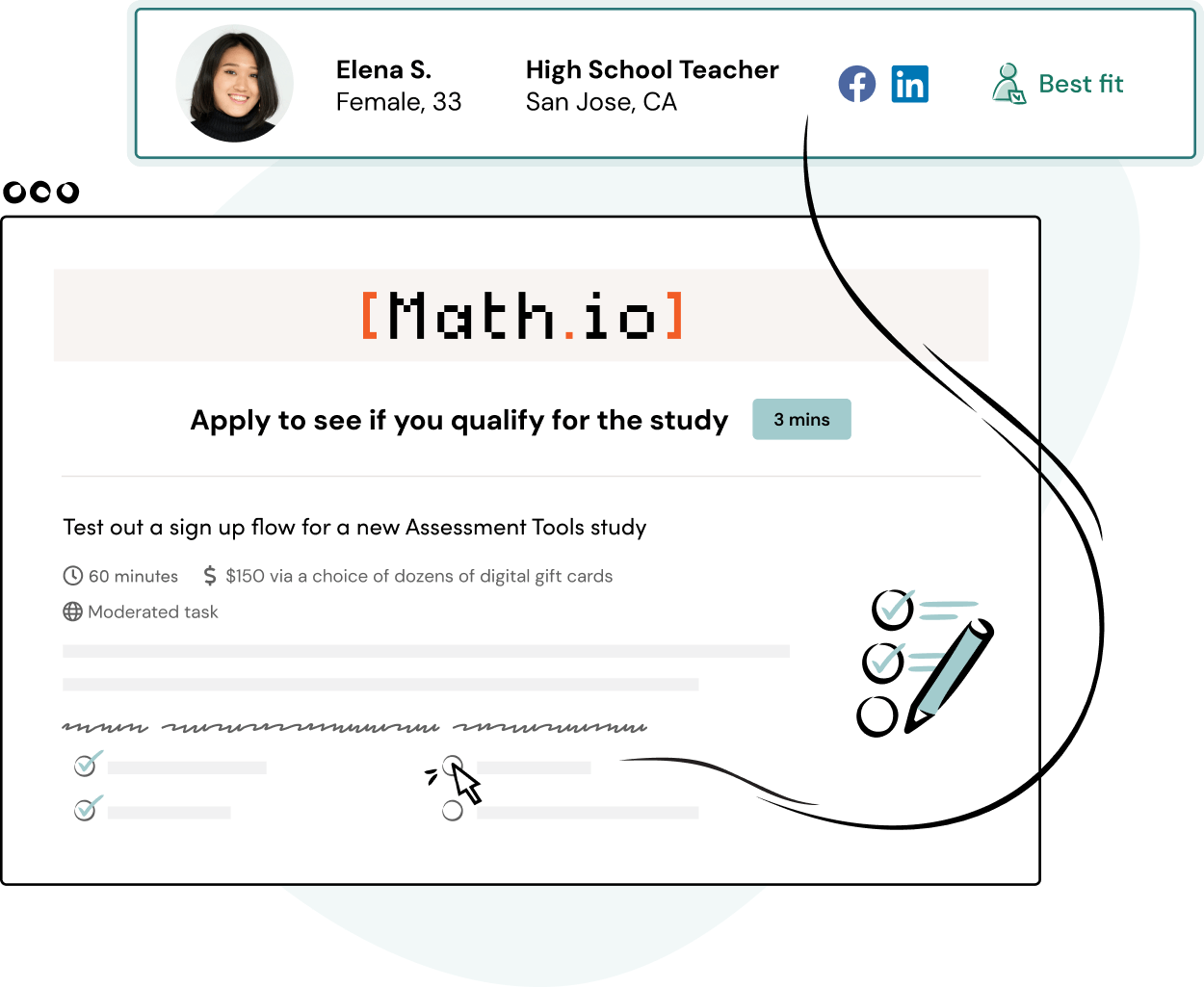 UI interface screen shows a study application for Math.io, with a user profile for Elena S., a 33-year-old high school teacher from San Jose, CA, and details about a paid assessment tools study. Icons and checkmarks are visible.
