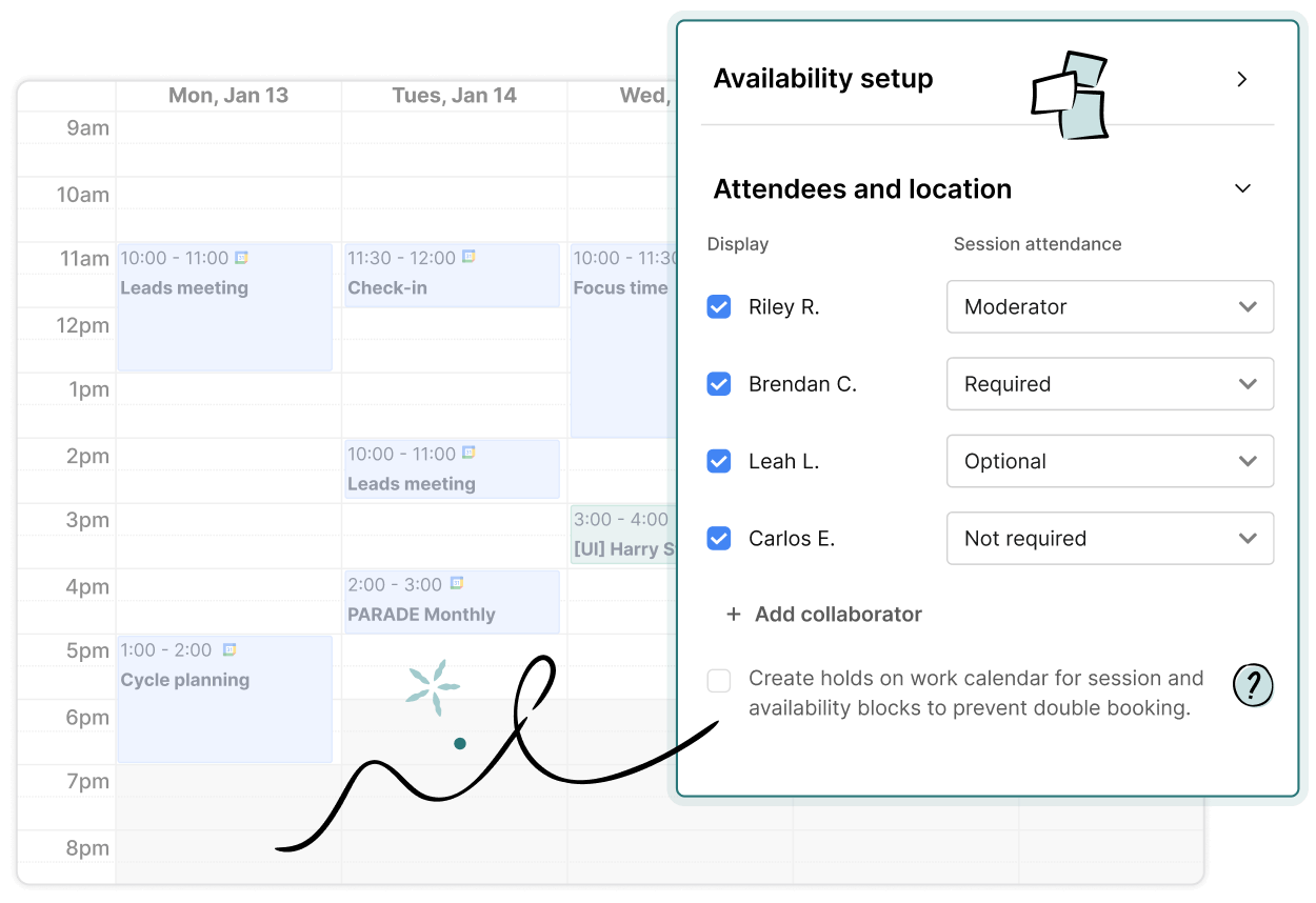The UI calendar interface shows a pop-up titled Availability setup with attendee roles set for a session, against a background of a weekly schedule grid with meetings and events listed.