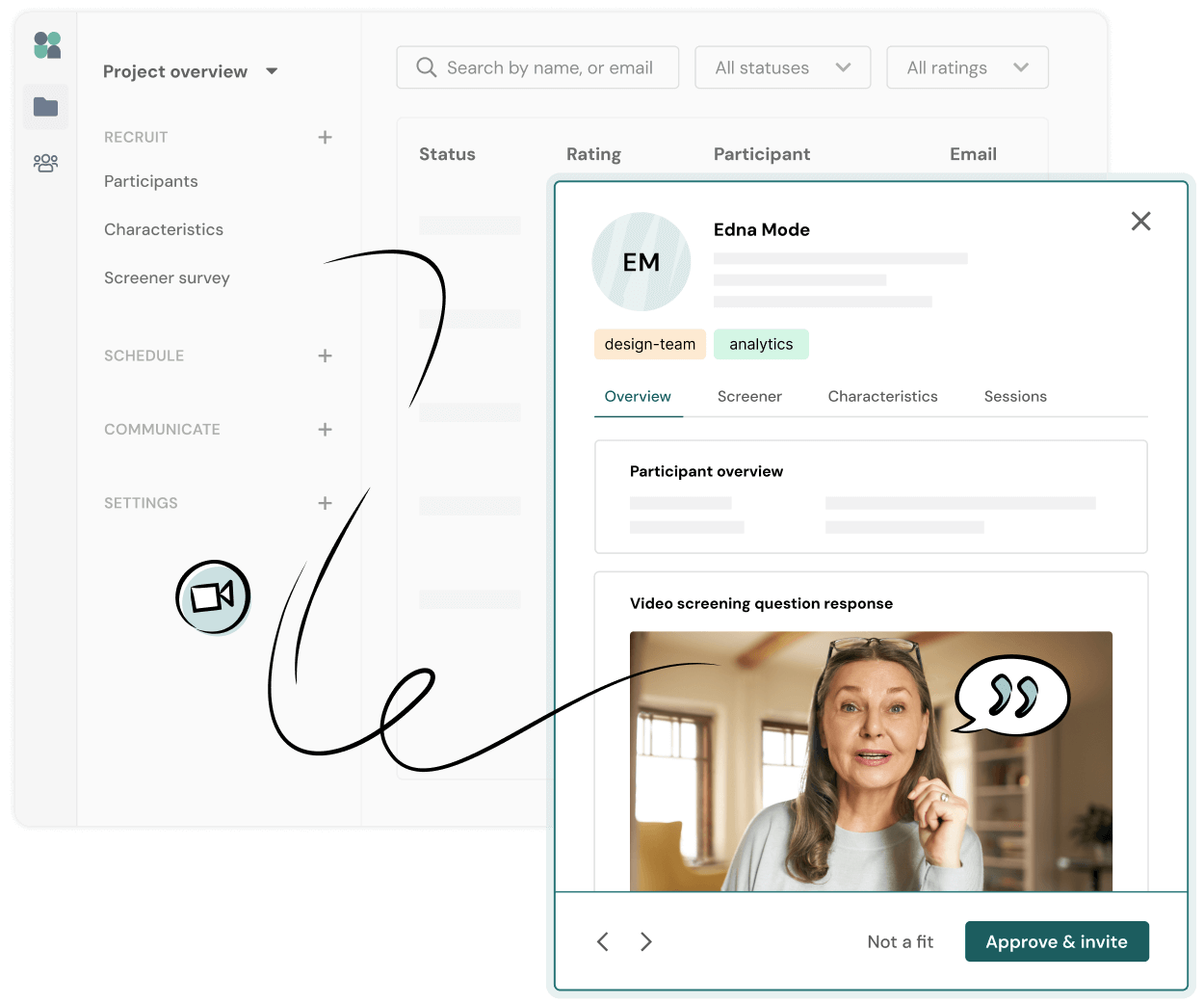 Project overview with a participant profile window open, displaying a video response from an older woman with headphones and a speech bubble icon. Options include Not a fit and Approve &amp; invite.