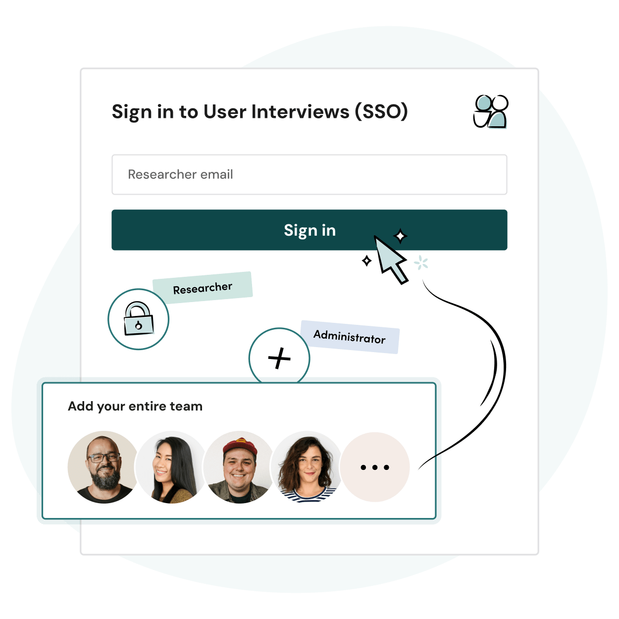A sign-in screen for User Interviews (SSO) with an email field, sign-in button, and icons for researcher, administrator, and team members. A section prompts users to add their entire team with profile photos.