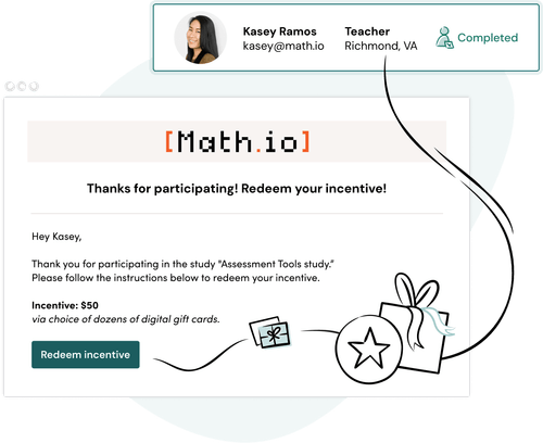 An email from Math.io thanks Kasey Ramos, a teacher from Richmond, VA, for participating in a study and invites her to redeem a $50 gift card incentive. An icon indicates the task is completed.