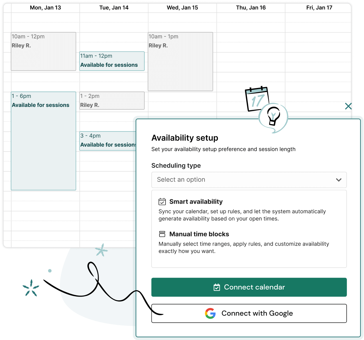 A scheduling app shows a weekly calendar with time slots and an Availability setup popup. Options include Smart availability, Manual time blocks, and buttons to connect a calendar or connect with Google.