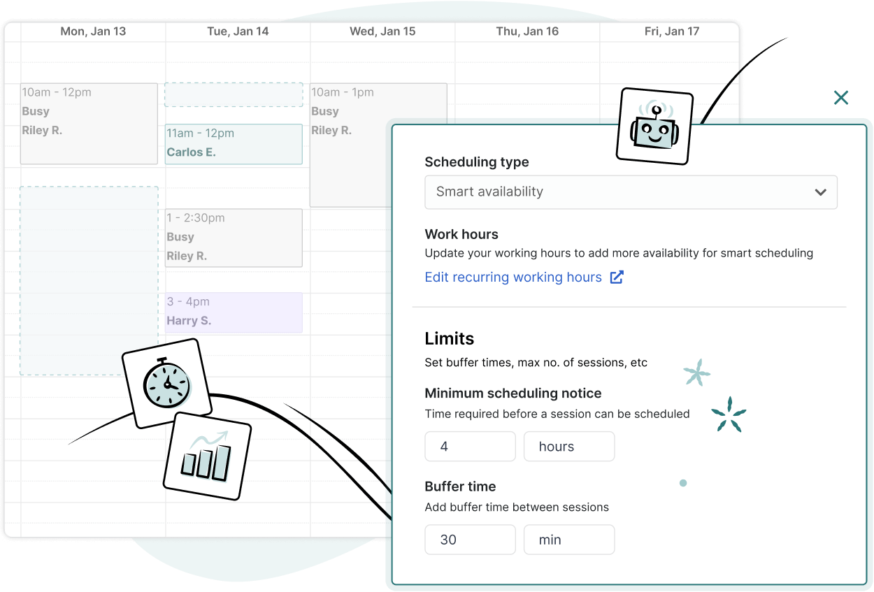 A digital calendar interface displays a scheduling tool popup with options for work hours, limits, minimum scheduling notice, and buffer time. Illustrated icons of a clock, chart, and robot are placed decoratively around the interface.
