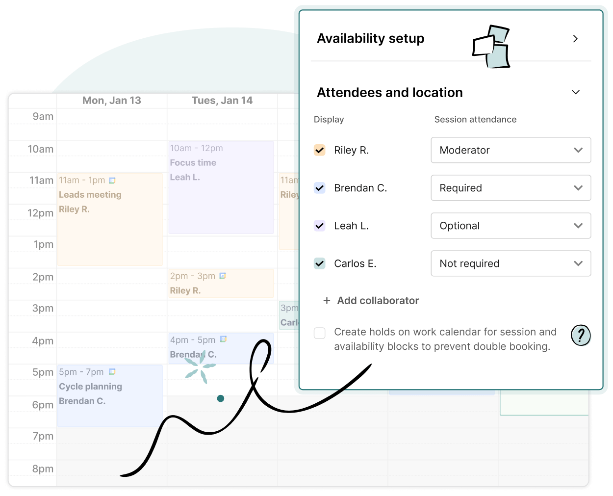 A digital calendar shows a scheduling window titled Availability setup, listing attendees, their required status, and the option to add collaborators for a meeting. A drawing of a squiggly line overlays the image.