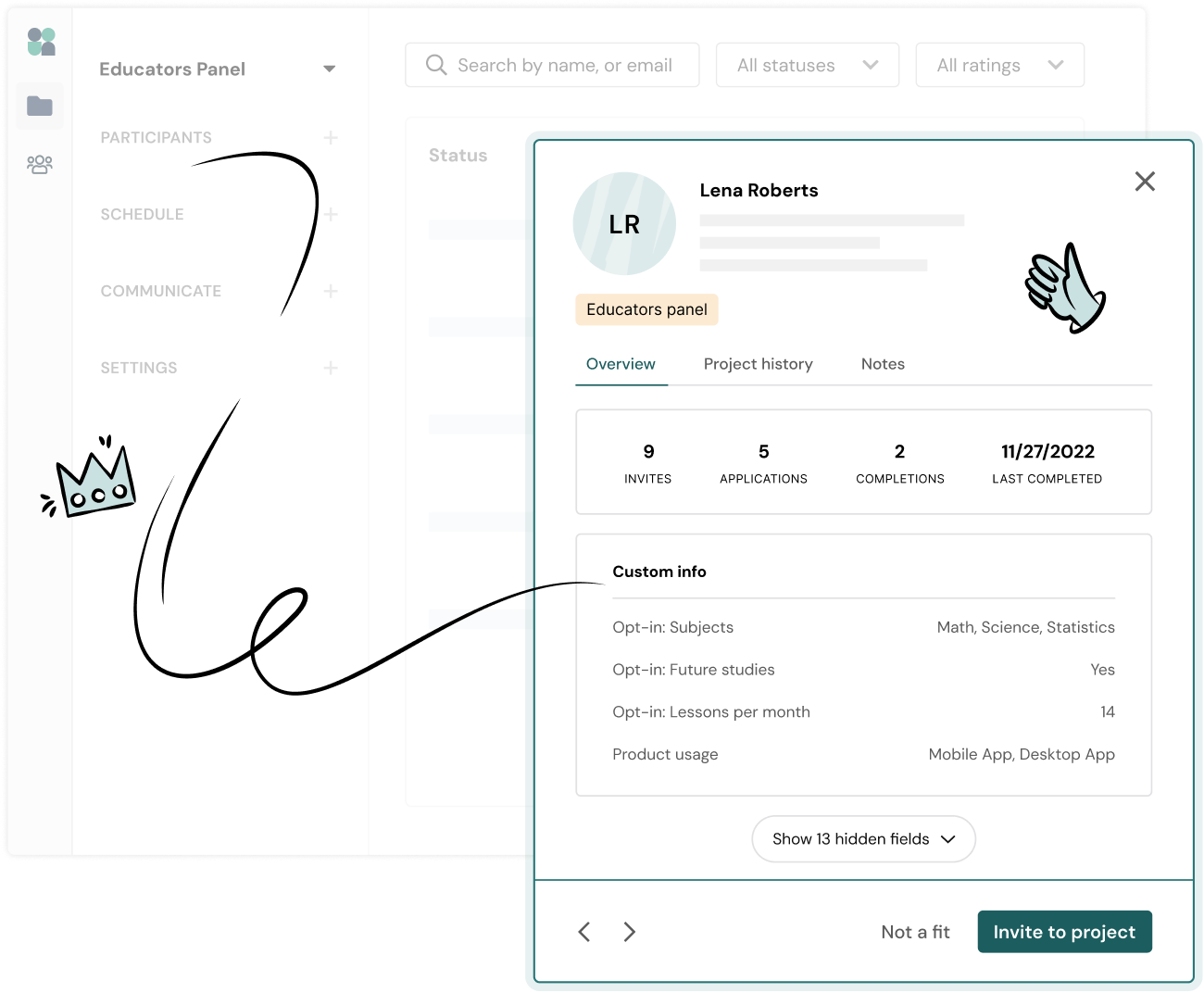 A user interface screen shows an Educators Panel with Lena Roberts profile details, including invites, applications, completions, and opt-in info. Decorative hand and crown doodles appear on the left side.