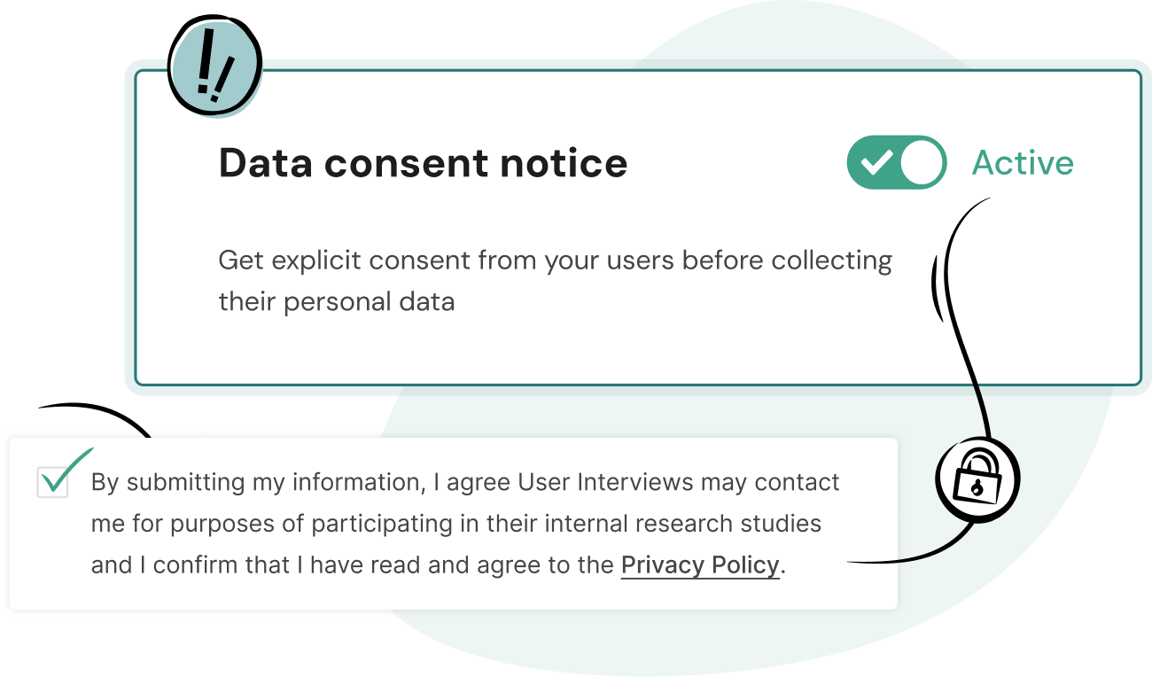 A graphic titled Data consent notice shows a check mark with Active status and a message about getting user consent before collecting personal data. Below is a consent statement with a checkbox and a link to a privacy policy.