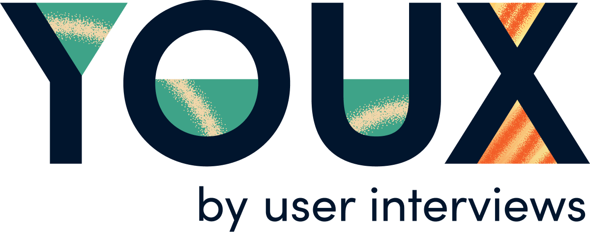 Logo with large dark letters spelling YOUX, featuring geometric shapes in teal and orange within the letters. Below, smaller text reads by user interviews.