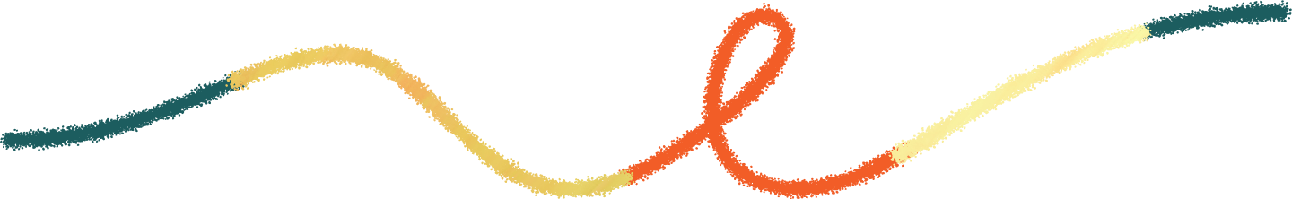 A multicolored, textured wavy line transitions from dark teal to yellow, loops in the center with orange, and ends in yellow on a white background.