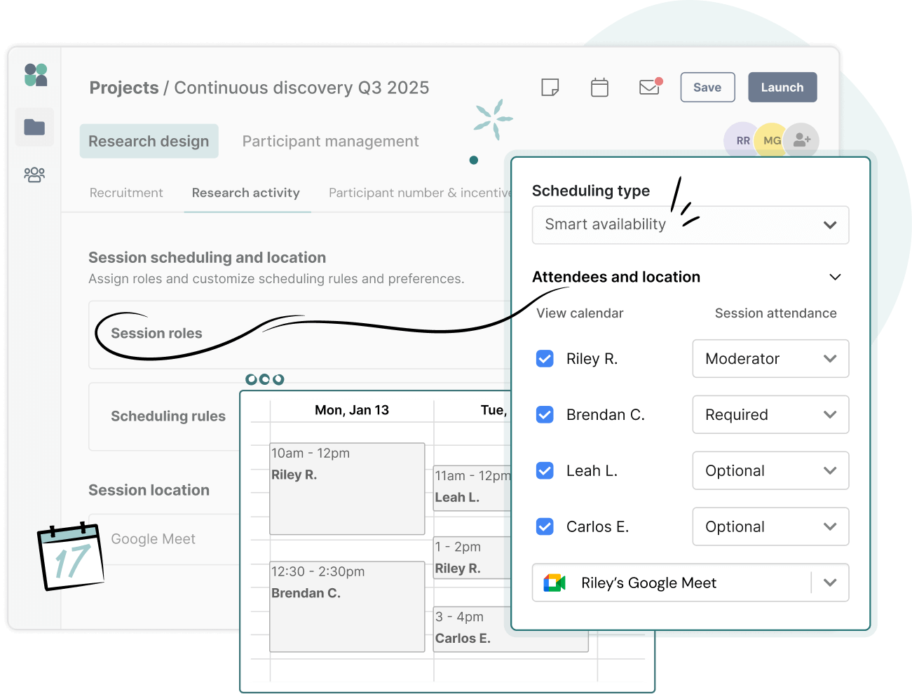 A scheduling interface displays session roles and a dropdown for scheduling type set to Smart availability. Attendees are listed with their roles and session attendance status. A weekly calendar is shown below.