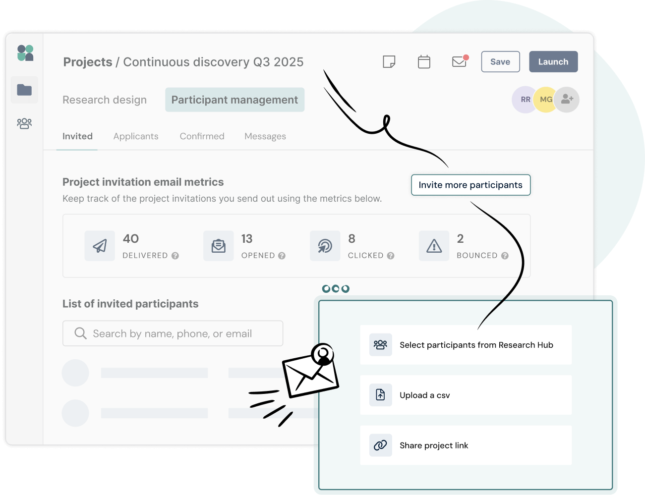 A dashboard for managing project participants displays invitation metrics, a search bar, and an option to invite more participants by selecting from a research hub, uploading a CSV, or sharing a project link.