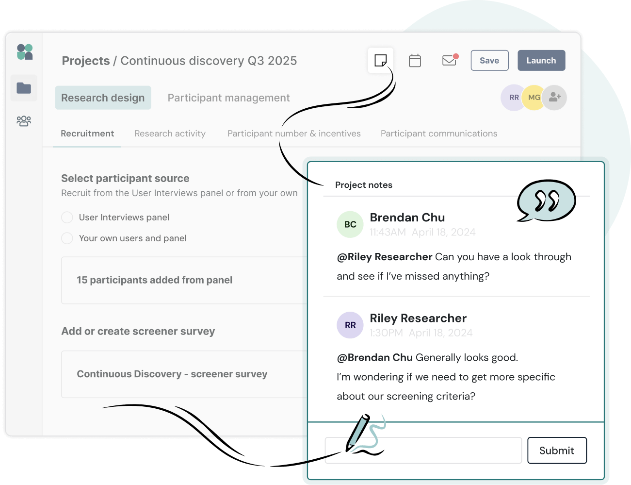 A project management dashboard displays a chat between team members about a research design task, with project notes, participant options, and a comment box for submitting feedback.