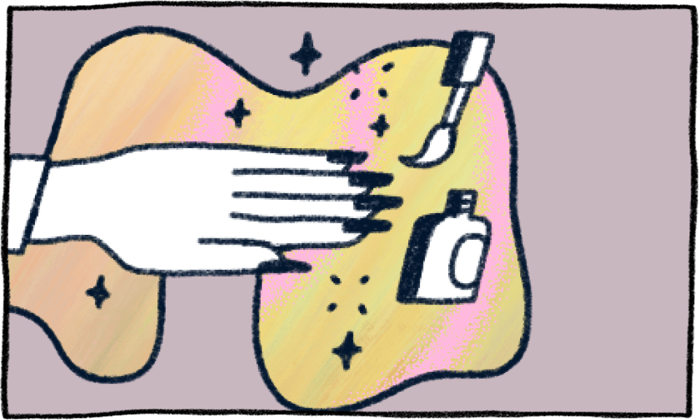 An illustration of a hand with painted nails, a nail polish brush, and a nail polish bottle, surrounded by sparkles on a colorful background.