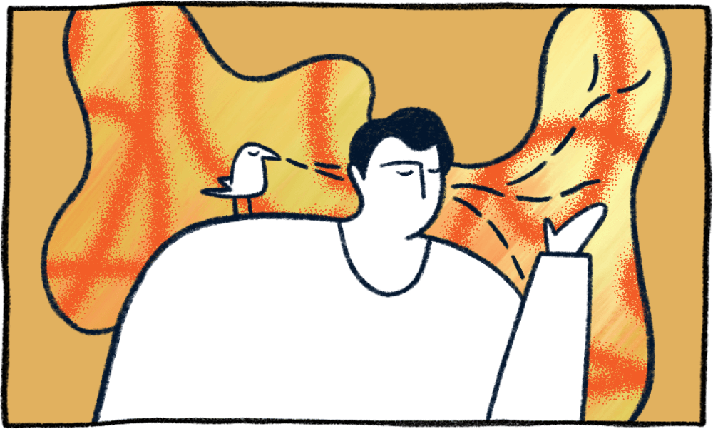 Abstract illustration of a person with black hair and a white shirt, a small bird perched on their shoulder, and wavy orange-yellow shapes in the background. The person gestures with one hand.