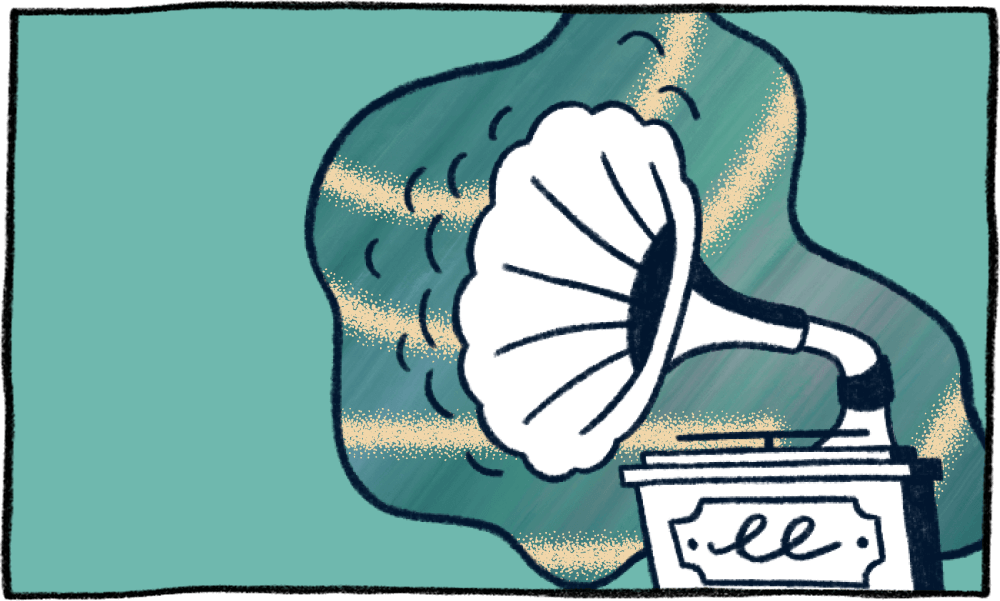 An illustration of a vintage gramophone playing music, with sound waves depicted as yellow lines radiating from the horn against a teal background.