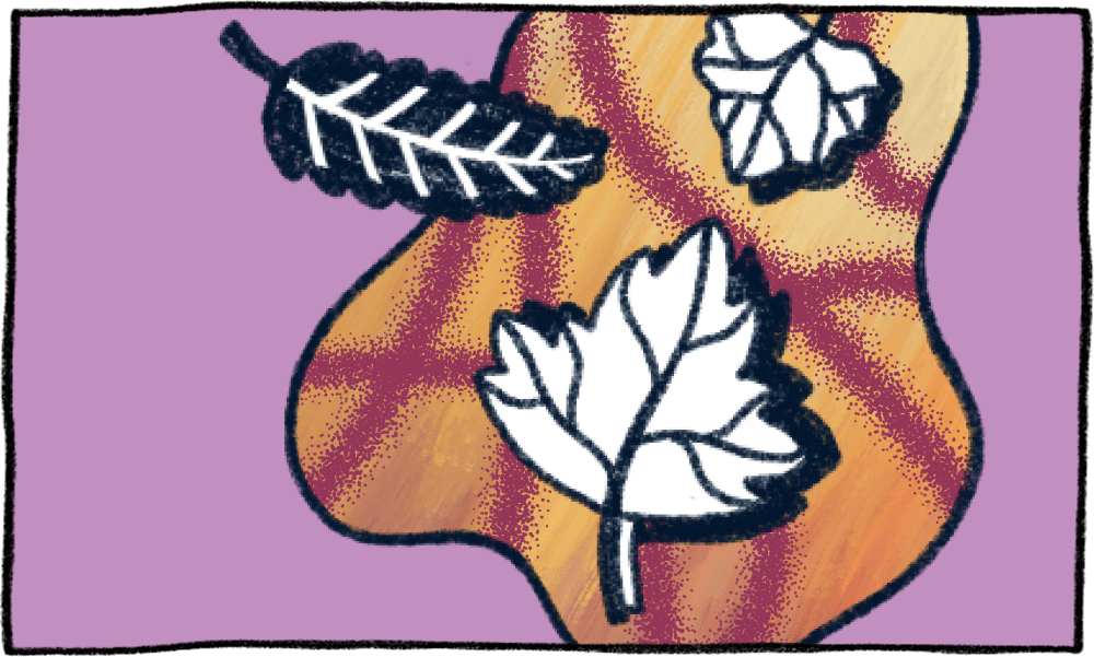 Three illustrated leaves, outlined in black, are arranged on an abstract orange and yellow shape with a purple background. Each leaf has a unique shape and vein pattern.
