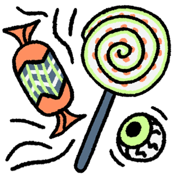 Illustration of wrapped candy, a spiral lollipop on a stick, and a green eyeball-shaped sweet, all outlined in black with playful wavy lines around them.