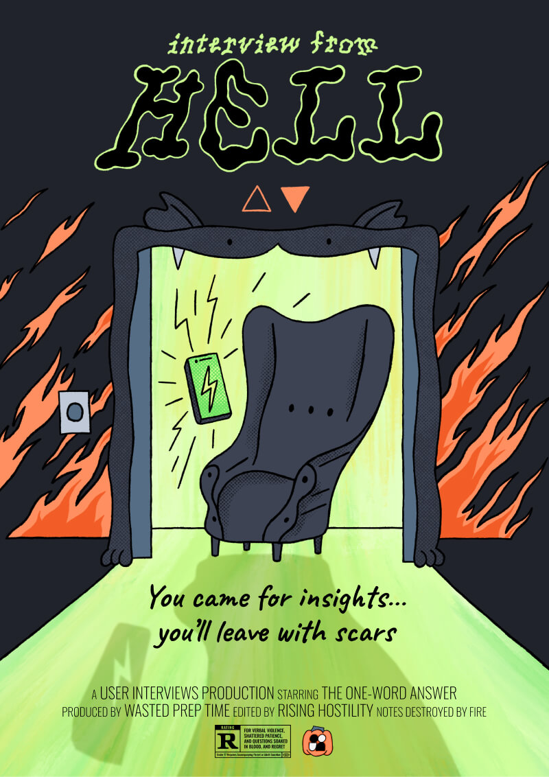 An illustrated poster titled “Interview from Hell” shows a dark, spiky armchair under a fiery archway with flames around. Text reads, “You came for insights… you’ll leave with scars.” The style is ominous and dramatic.