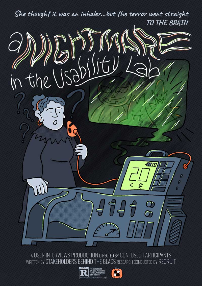 A cartoon person nervously uses lab equipment while looking at a monitor showing a scary face. Text reads: “A Nightmare in the Usability Lab” with other horror-themed wording and icons below.
