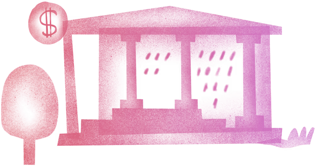 Pink-toned illustration of a classical bank building with columns, a dollar sign in a circle to the left, a tree, and a stylized hand supporting the structure.